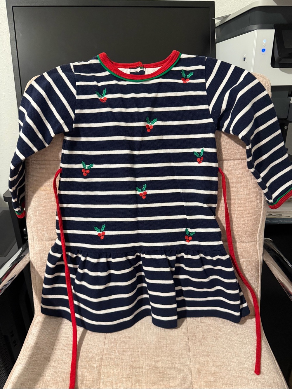 Florence Eiseman Navy White Striped Top with Red and Green Trim